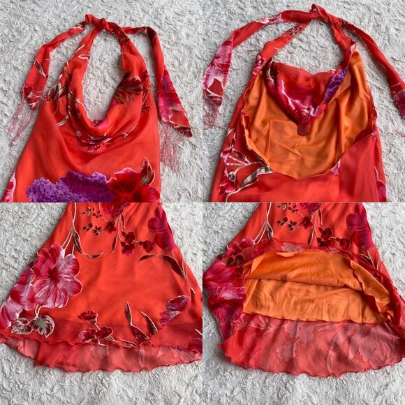 Cache silk floral halter midi dress velvet burnout cowl neck open back orange 2 - Picture 13 of 17